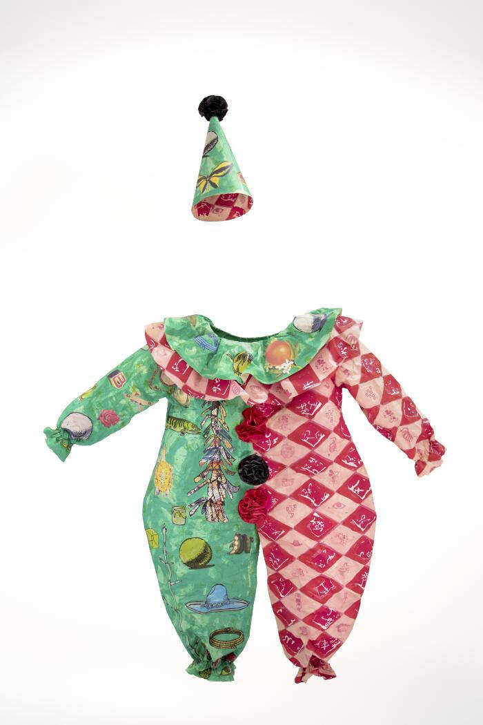 Clown suit with hair created from printed on paper.